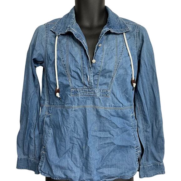 Eddie Bauer Tops - Y2K Eddie Bauer Top Womens XS Blue Chambray Tunic 100% Cotton Long Sleeve STAINS